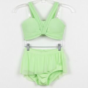 Double Platinum SET Lime Green Ribbed Knot Halter Dance top and Skirted brief AM